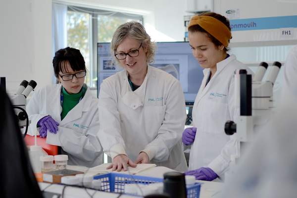 Female scientists in laboratory looking at a book
