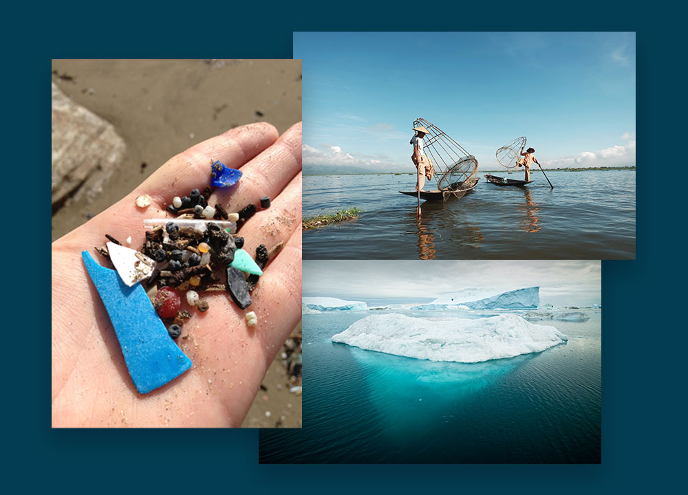 three images - hand holding plastic particles, people fishing on boats and an iceberg in the arctic