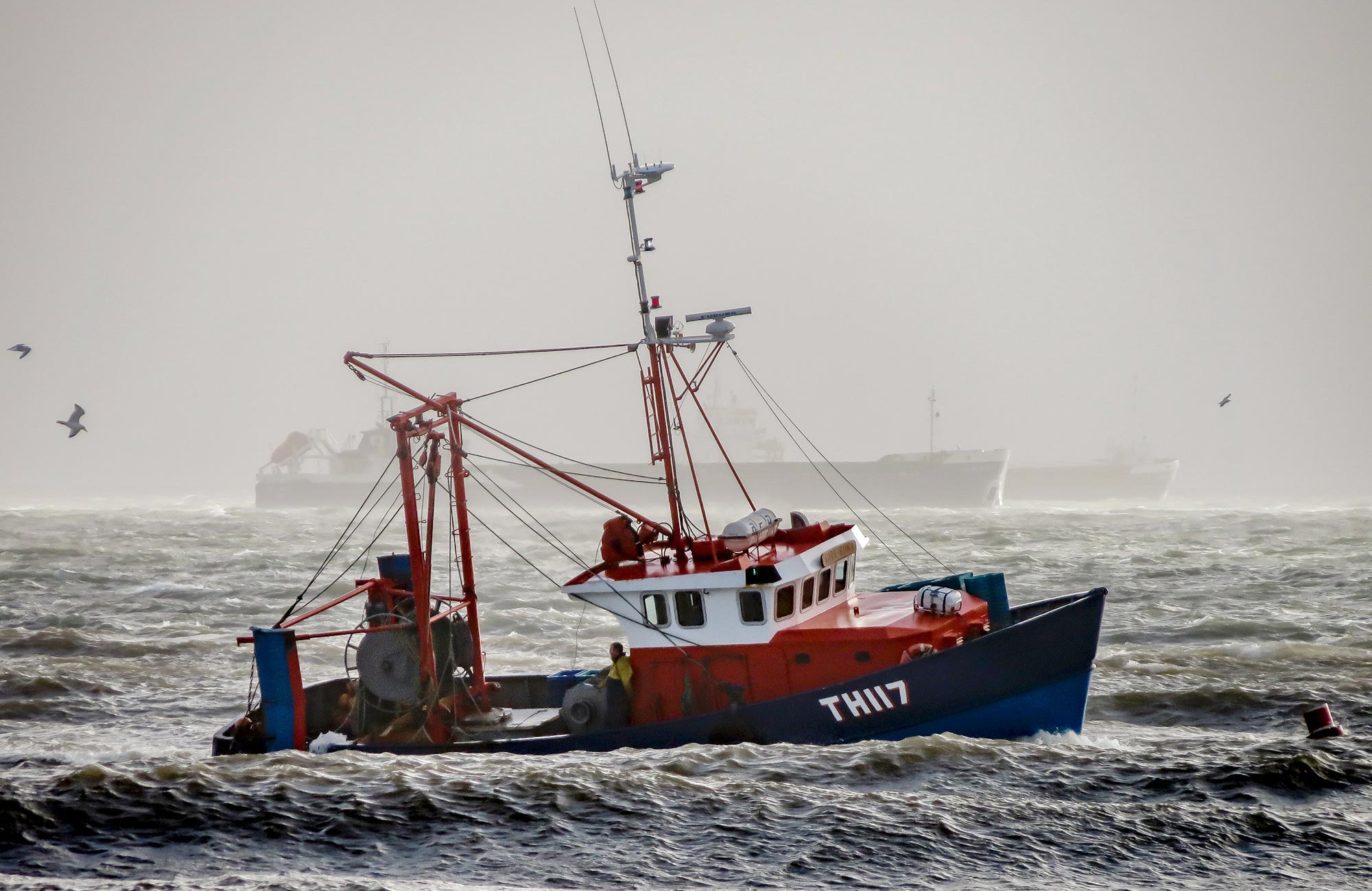 Fishing boat out in rough seas