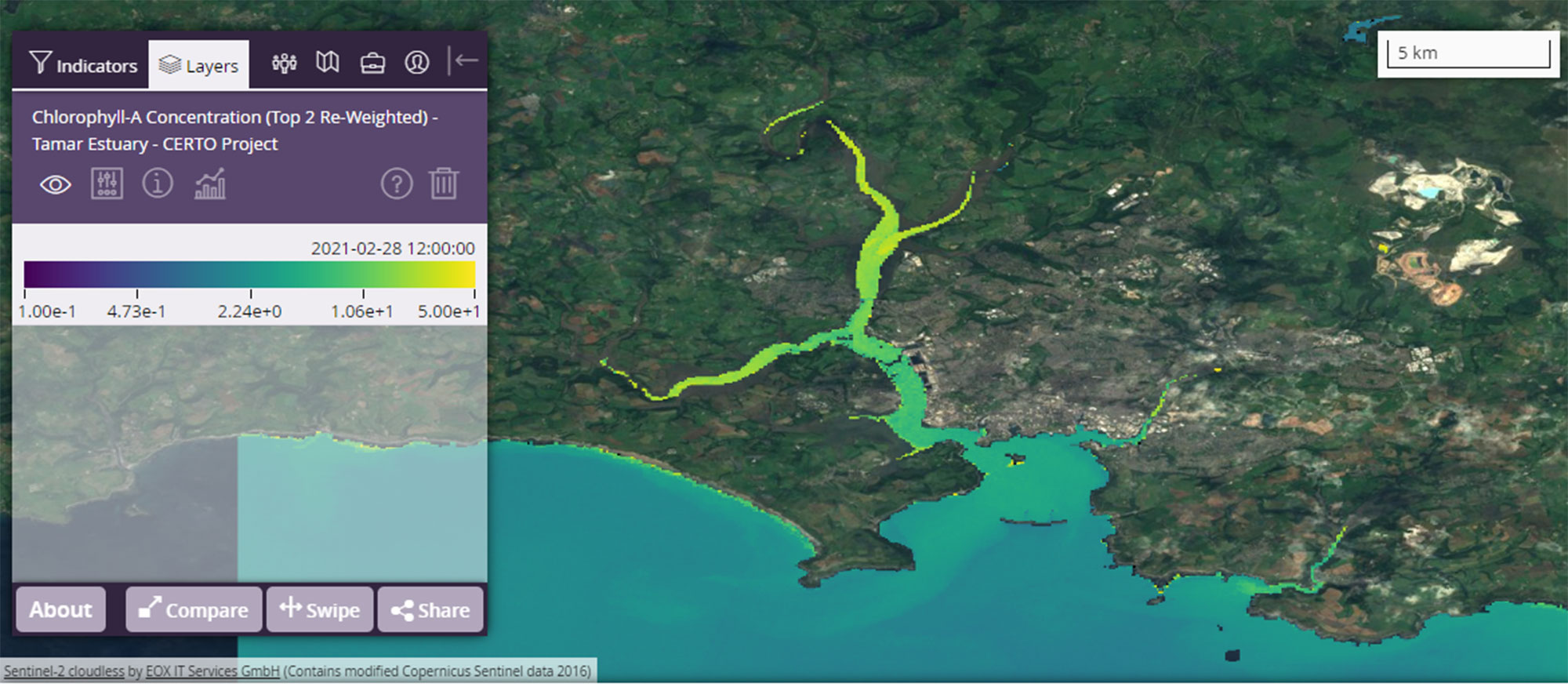 Satellite image showing chlorophyll-a concentration in the river Tamar near Plymouth