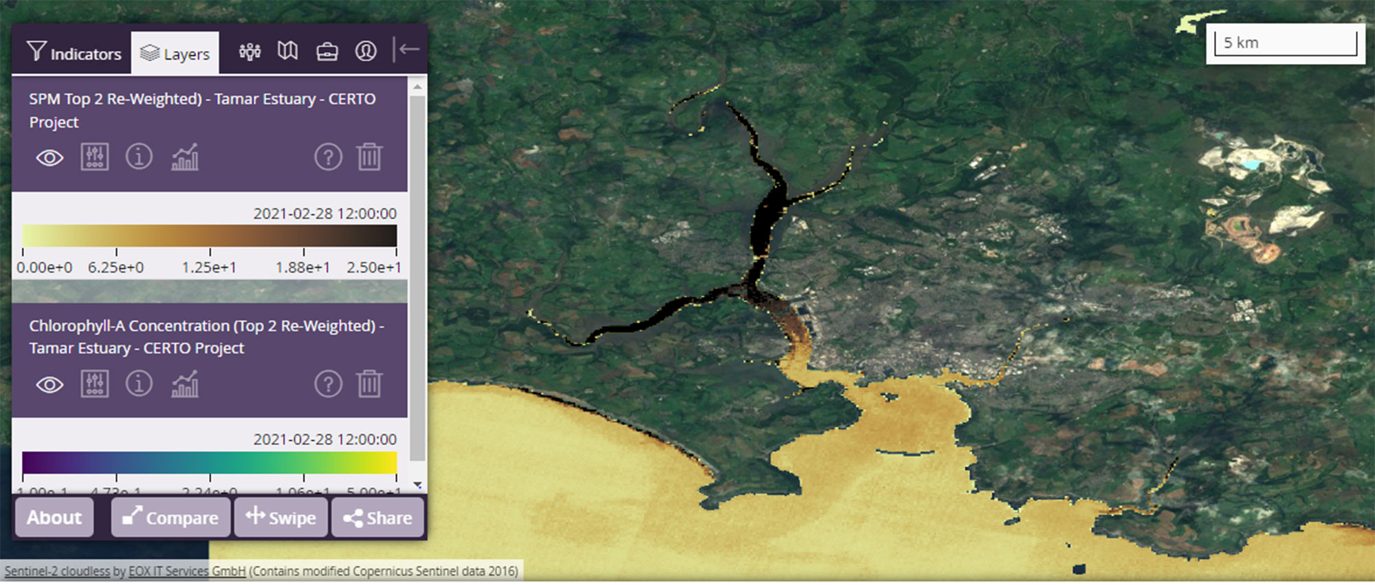 Satellite image showing Total suspended matter concentration in the river Tamar near Plymouth