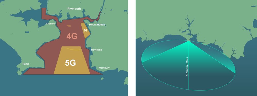 Two maps showing 4g and 5g coverage in Plymouth Sound and surrounding rivers and another map showing coverage 20 miles offshore