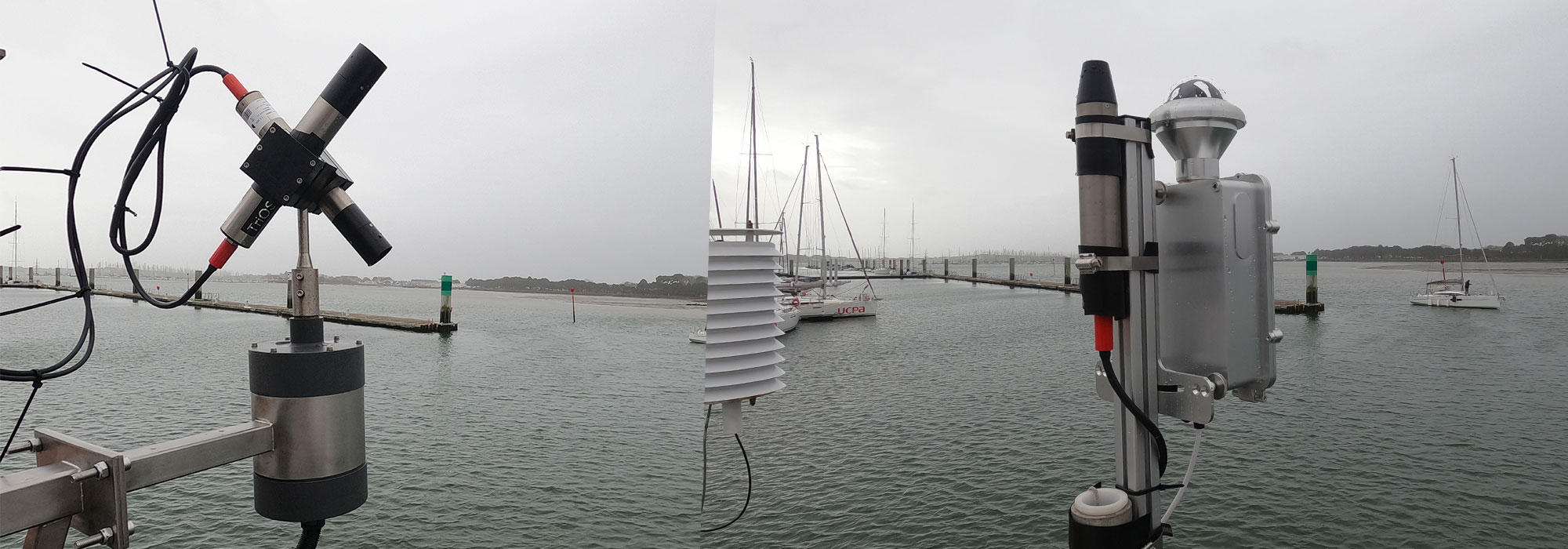 Two sensors attached to the TARA vessel showing the water of a harbour in the background