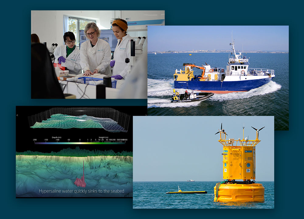 three images - scientists in lab, research vessel and data buoy at sea