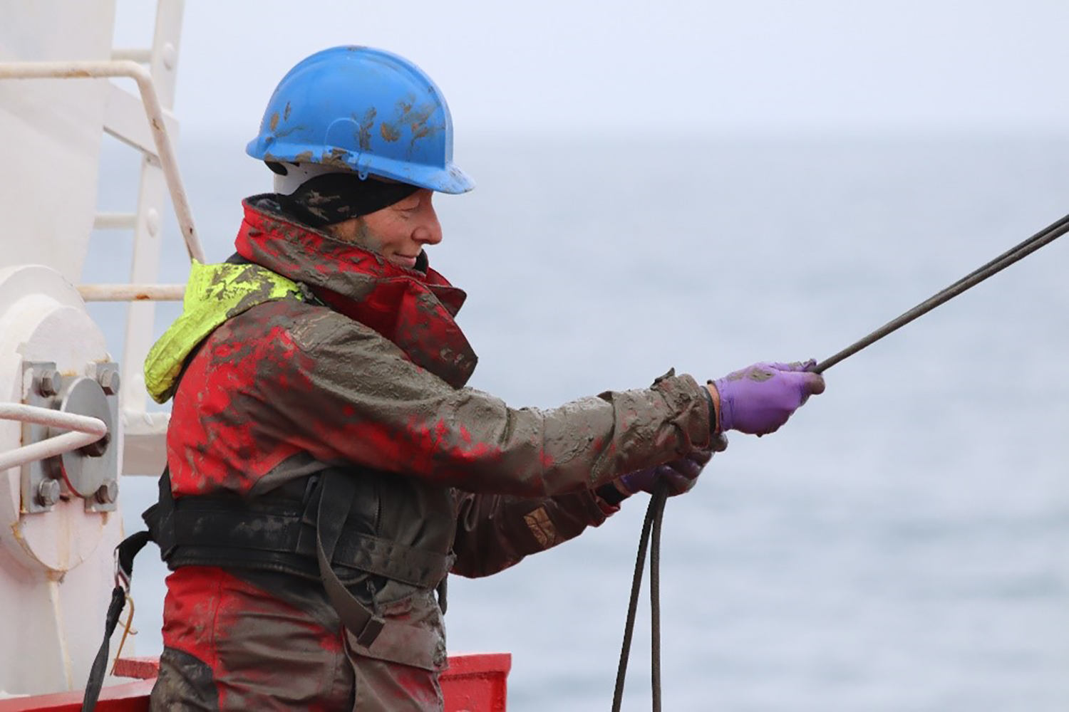 Rachel stabilising recovery of the trawl on board the RRS James Clark Ross during the Changing Arctic Ocean Sediments (ChAOS) research cruise in 2018. 