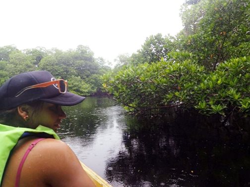 Keila doing fieldwork to assess cultural ecosystem services related to tourism in mangrove areas in Colombia in 2018