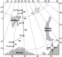 Map of sample collection area in the Barents Sea and Arctic Ocean.