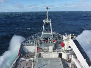 Taking measurements during high winds and rough seas in the Southern Ocean on board the  RRS James Clark Ross (Photo: C. Wohl)