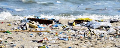plastic pollution on a beach, courtesy of Shutterstock